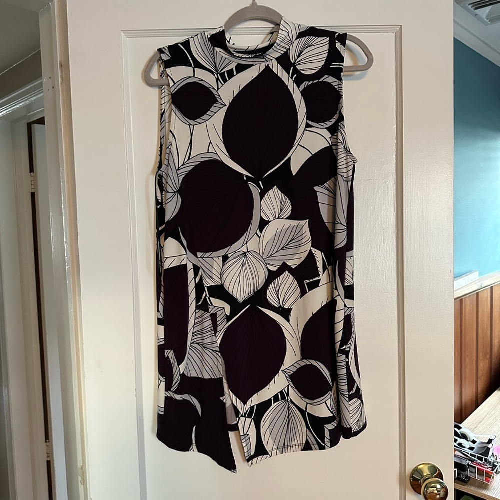 Sleeveless Black, White, and Purple Leaf Print Dress